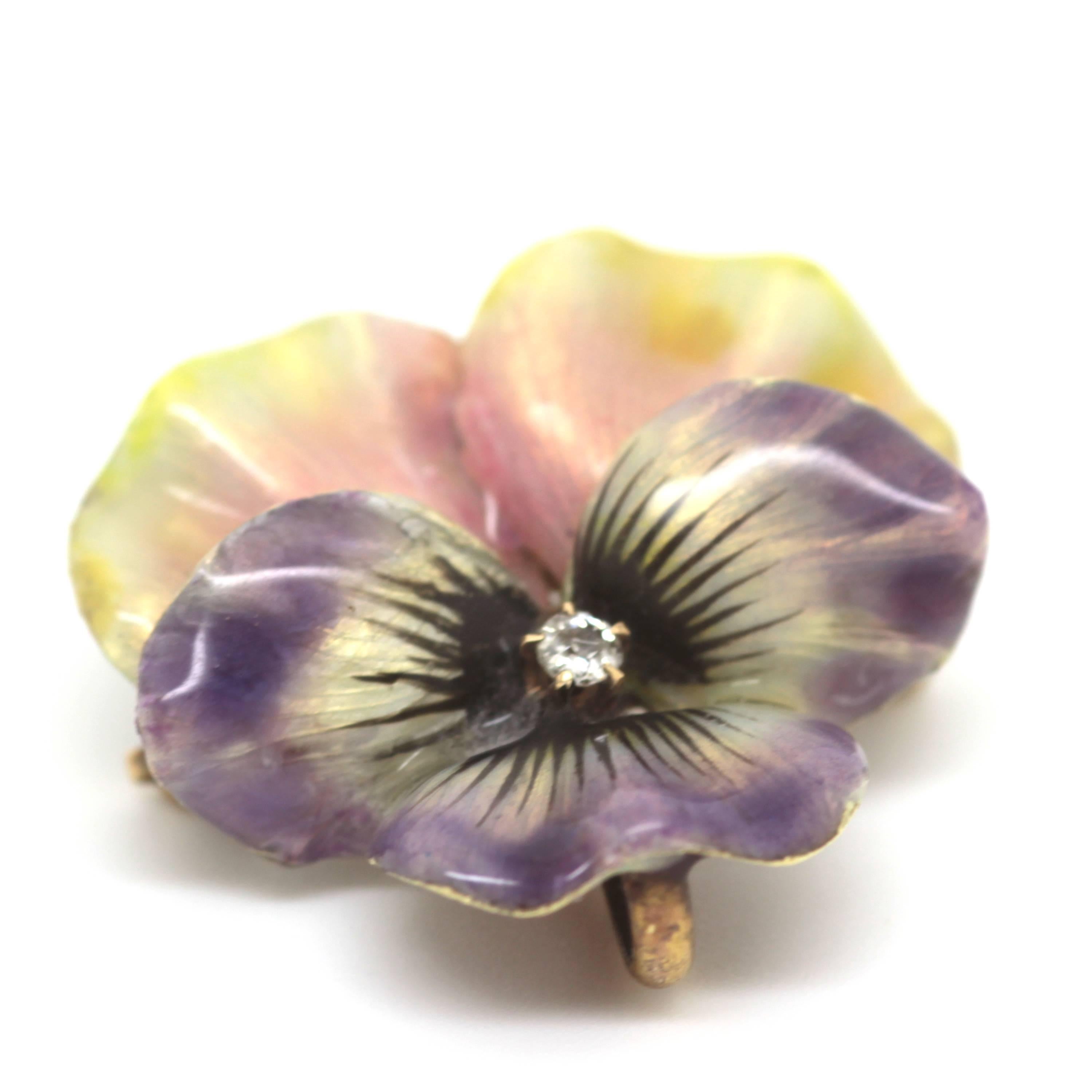 Edwardian purple and yellow enamel and diamond flower brooch/pendant. Circa: 1910
