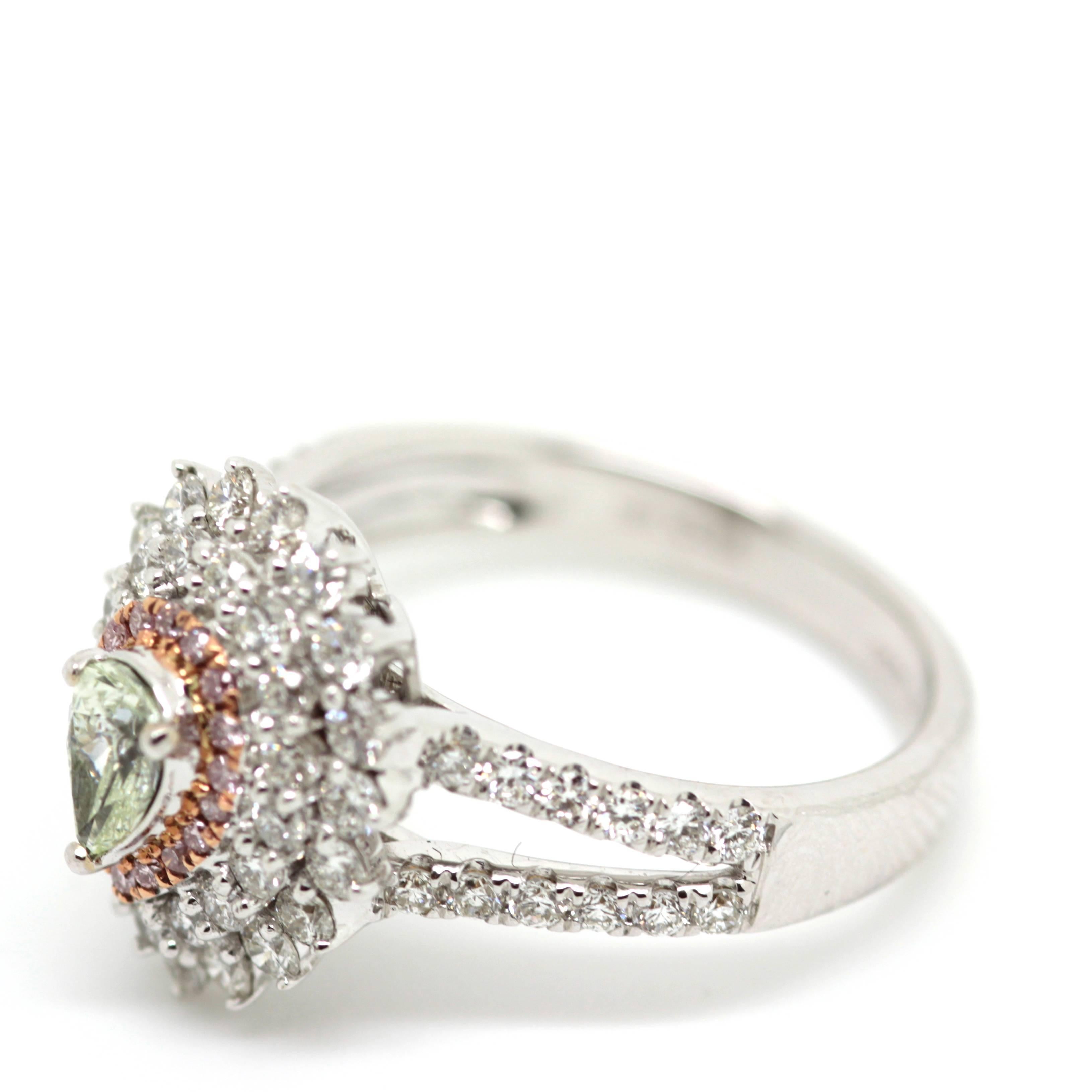 Modern Fancy Light Yellow Green Diamond Pear Gold Engagement Ring For Sale