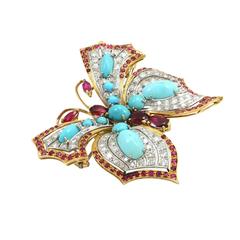 Turquoise Ruby Diamond Gold Butterfly Brooch
