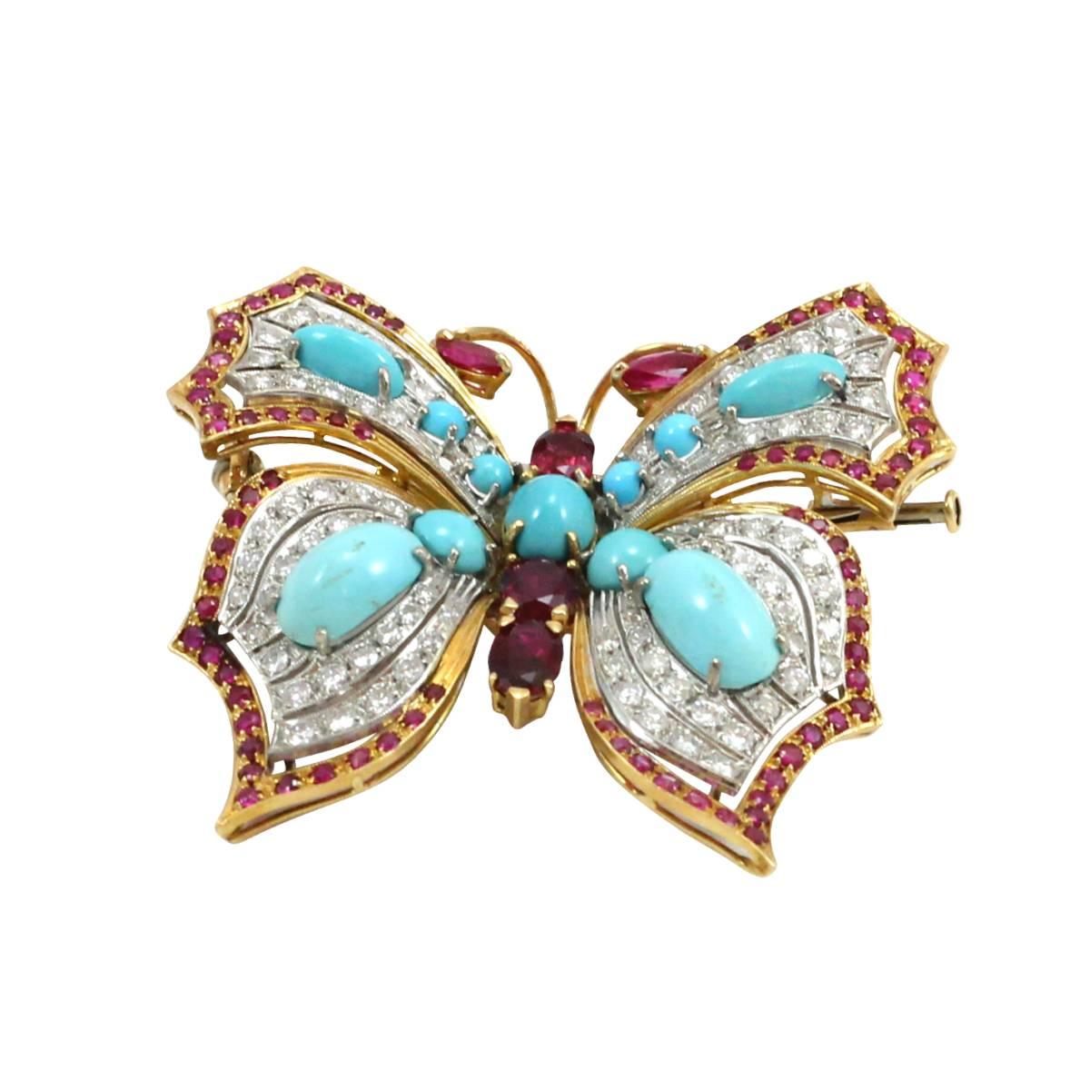 Modern Turquoise Ruby Diamond Gold Butterfly Brooch For Sale