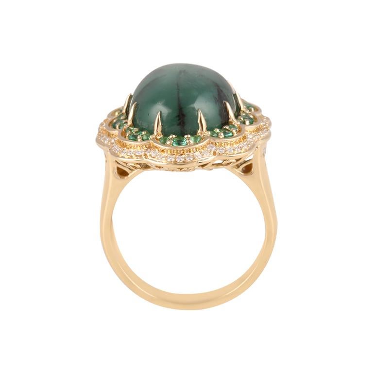 Moderne Emeraude Trapiche, bague en or jaune 18 carats, émeraude et diamant blanc 20,94cts en vente