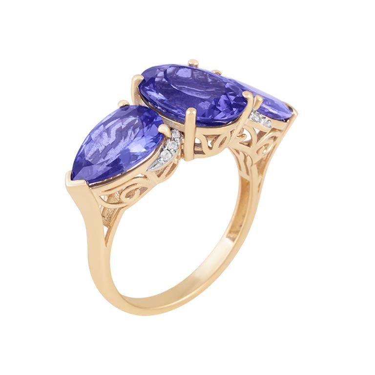 Taille brillant AA+ Bague en or jaune 14K Tanzanite et diamant blanc 6,45cts en vente
