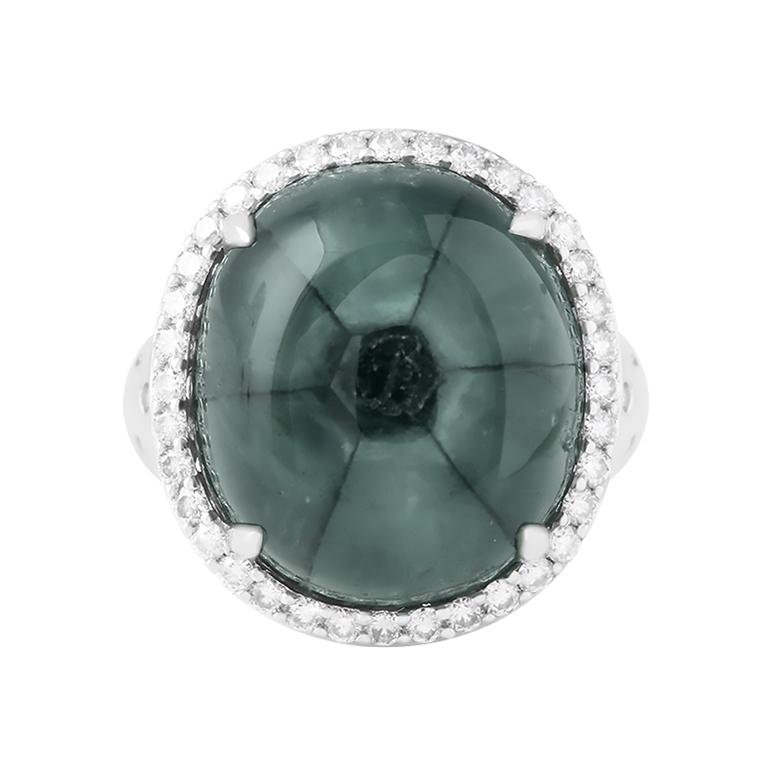 Anello con smeraldo trapiche e diamante bianco in oro bianco 18 carati 24,98 carati in vendita