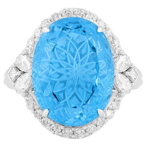 Schweizer Blautopas & Weißer Diamant 18K Weißgold Ring 13,10cts im Angebot
