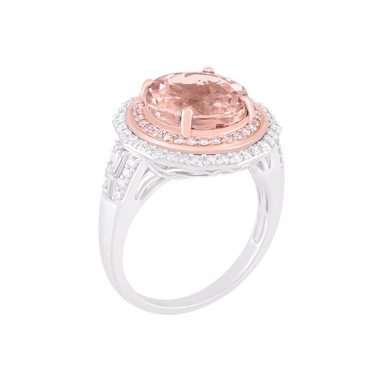 Taglio brillante Anello bicolore in oro 18 carati con morganite e diamanti bianchi e rosa 5,44 carati in vendita