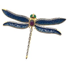 18K Yellow Gold Ruby & Diamond Enameled Dragonfly Brooch & Pendant