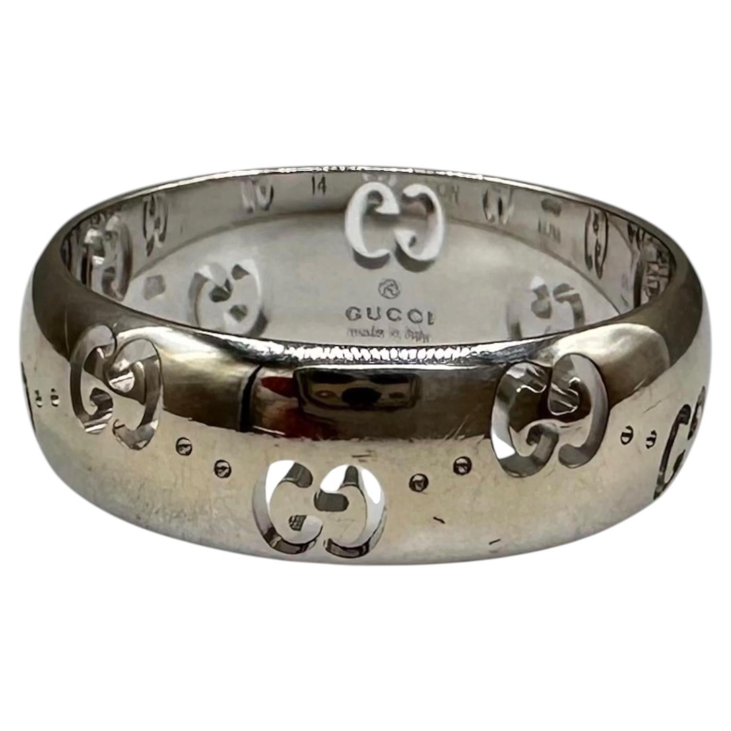 Gucci Icon 18K Weißgold GG Breite Ring 6mm Größe 6.75