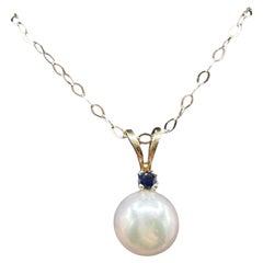 14K Yellow Gold Pearl Sapphire Necklace 6.7mm 18 Inch