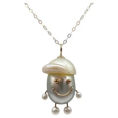 Yellow Gold Pearl Charm Necklace 18K Pendant 14K Chain 18 Inch