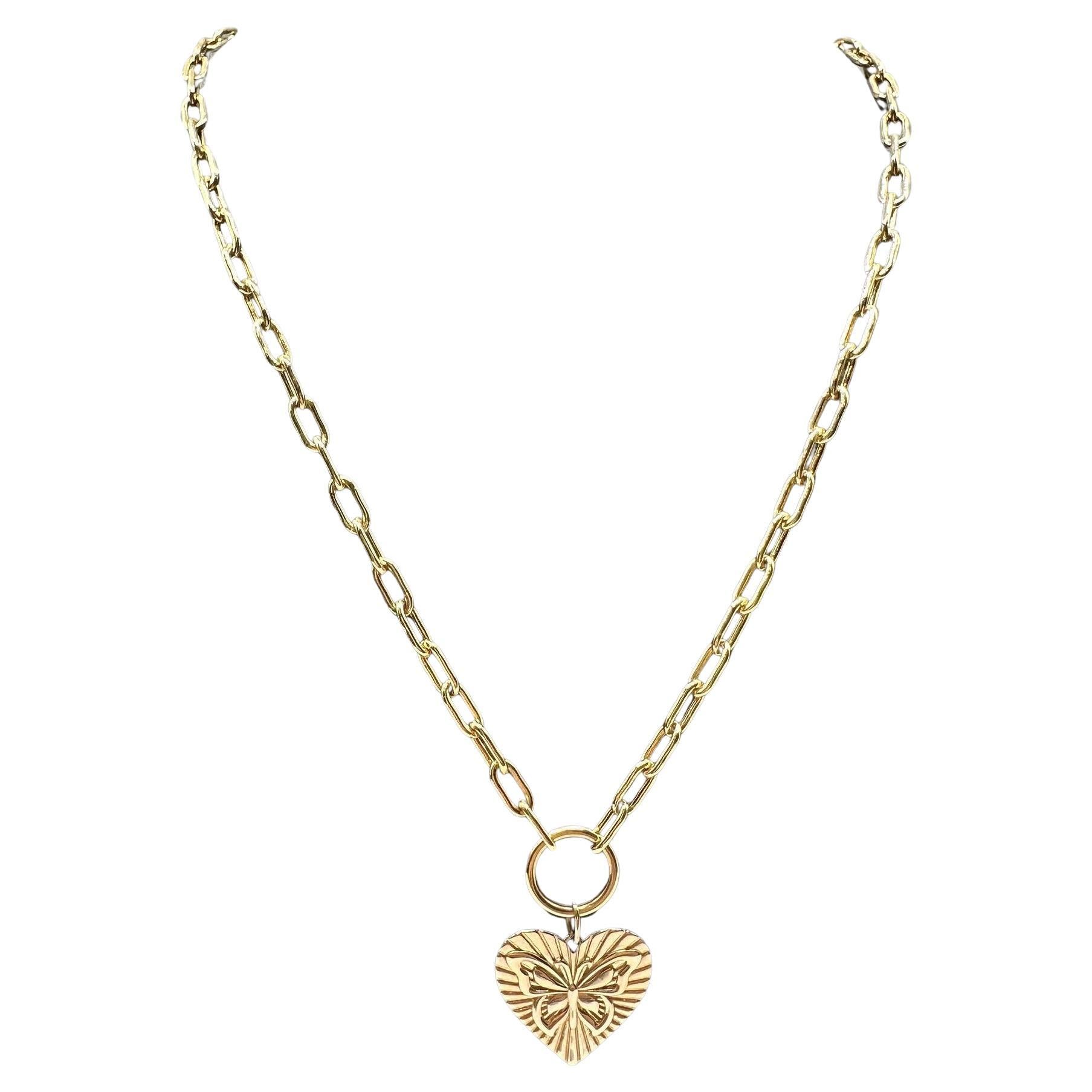 Collana con cuore a farfalla in oro giallo 10kt - 18", 6.7g, chiusura a moschettone, nuova in vendita