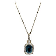 Topas & Diamant Halskette in 10kt Gelbgold - 7x5mm Londoner Blautopas, 18"