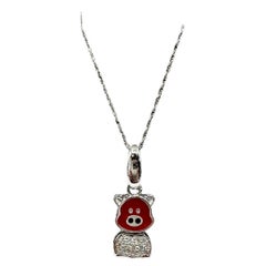 Cute Enamel & Diamond Pig Necklace in 18kt White Gold - 0.08ctw, 18", New