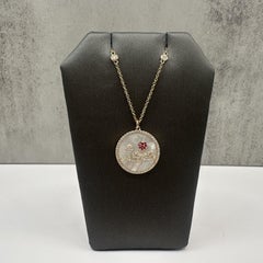 14K Yellow Gold Diamond Love Disc Necklace MOP Ruby 18”