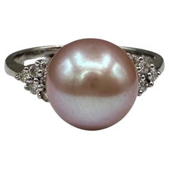 18K White Gold Pink Pearl Diamond Ring 0.20ct GH SI Size 6.75