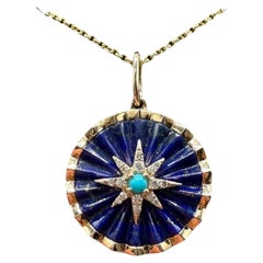 Effy Lapis Turquoise Diamond Star Pendant Necklace 14kt Yellow Gold 18in New