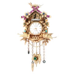 Retro 18K Yellow Gold Cuckoo Watch Brooch with Multicolor Gemstones & Diamonds