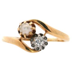 FRENCH Edwardian 18kt Gold and Platinum Ring with Pearl and Diamond