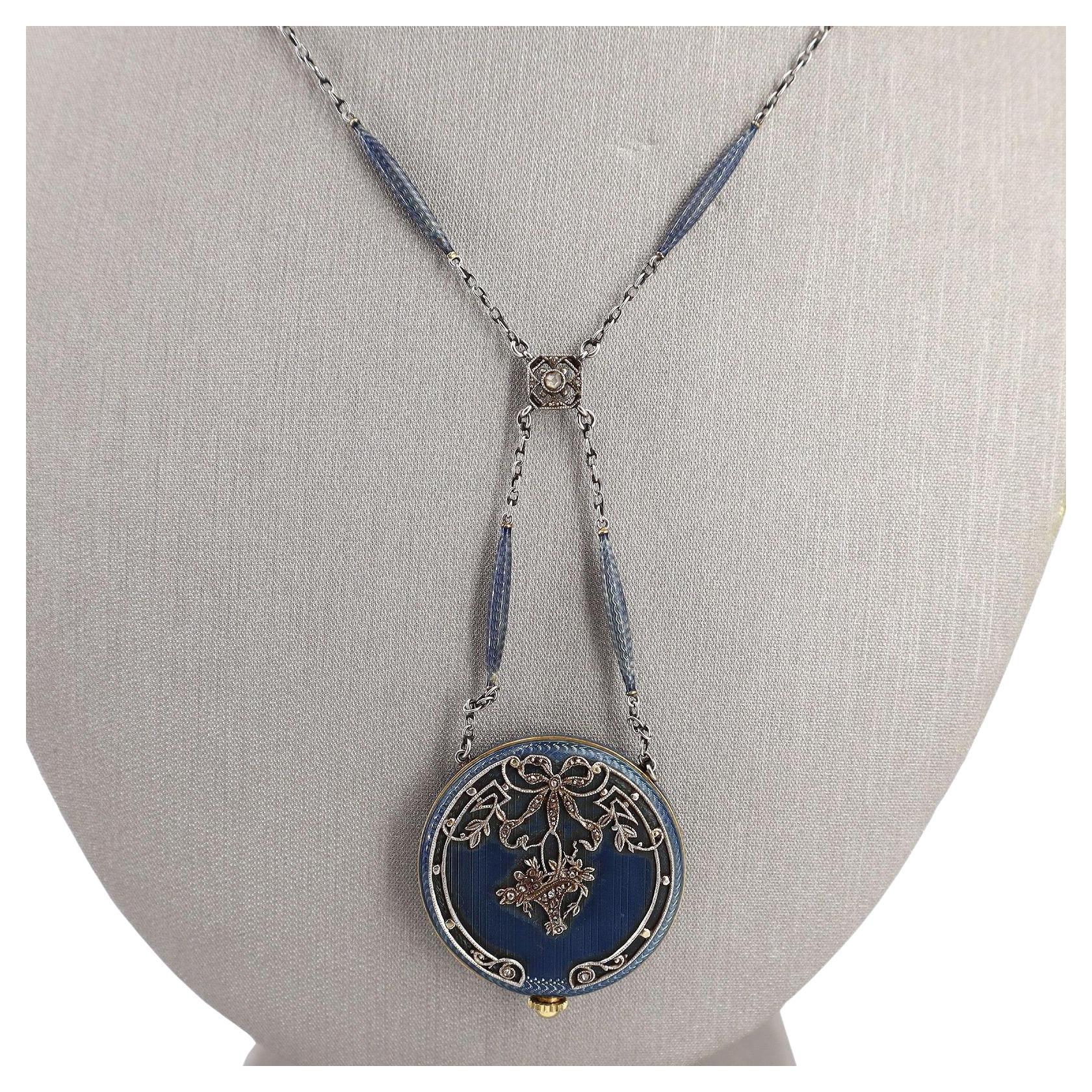 Edwardian 1900 Guilloche Enamel Pocket Watch lavalier Necklace in 18kt Gold