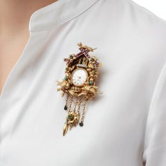 Retro 18K Yellow Gold Cuckoo Watch Brooch with Multicolor Gemstones & Diamonds