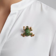 Antique 18K Yellow Gold Frog Brooch with Emeralds & Diamonds