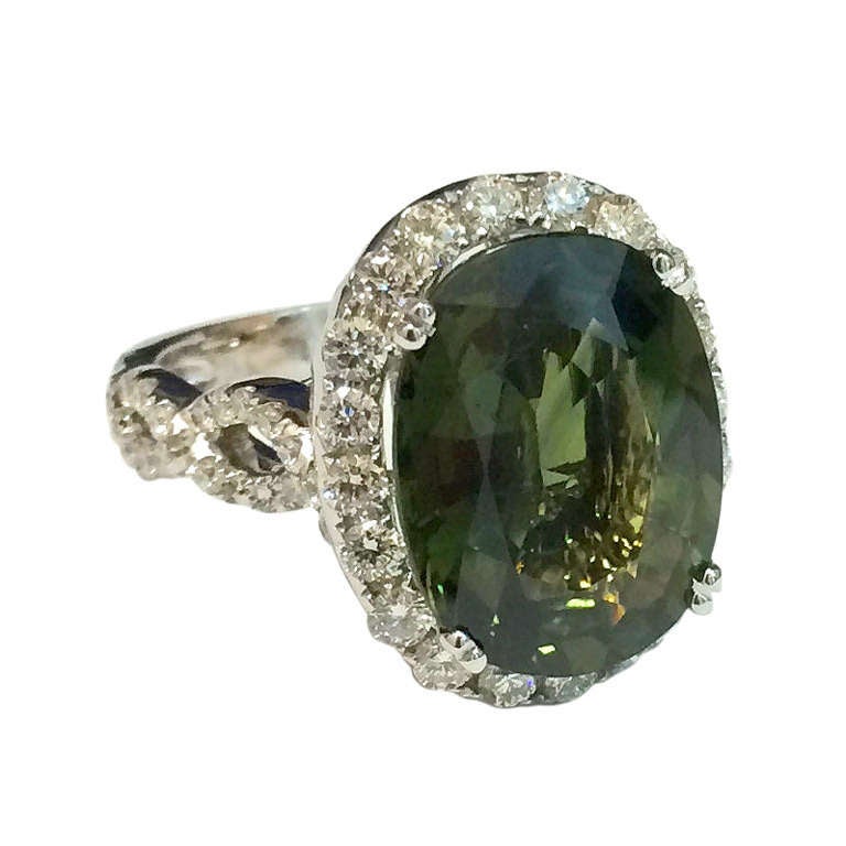 Rare Green Sapphire and Diamond Ring