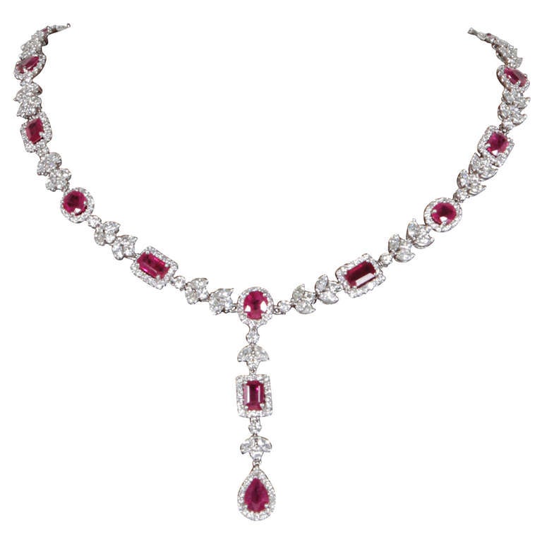 Exquisite Multi-shape Burma Ruby and Diamond Necklace
