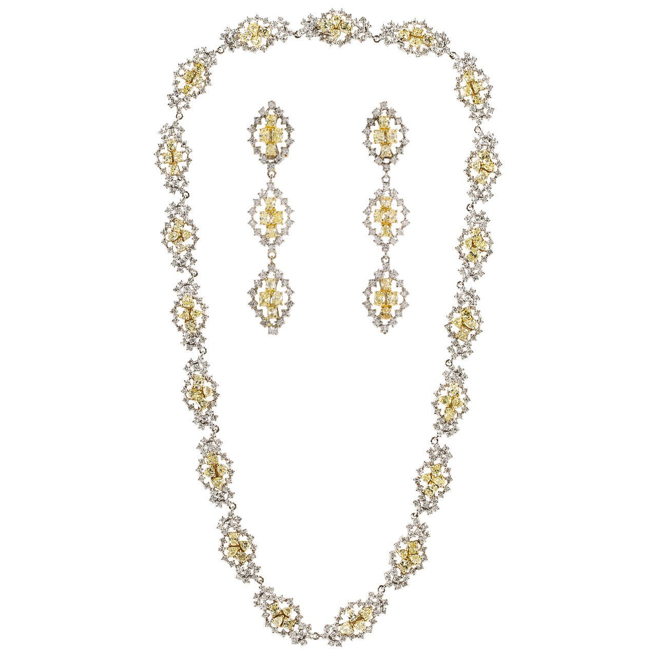 Multishape Yellow and White Diamond Necklace and Earrings Set