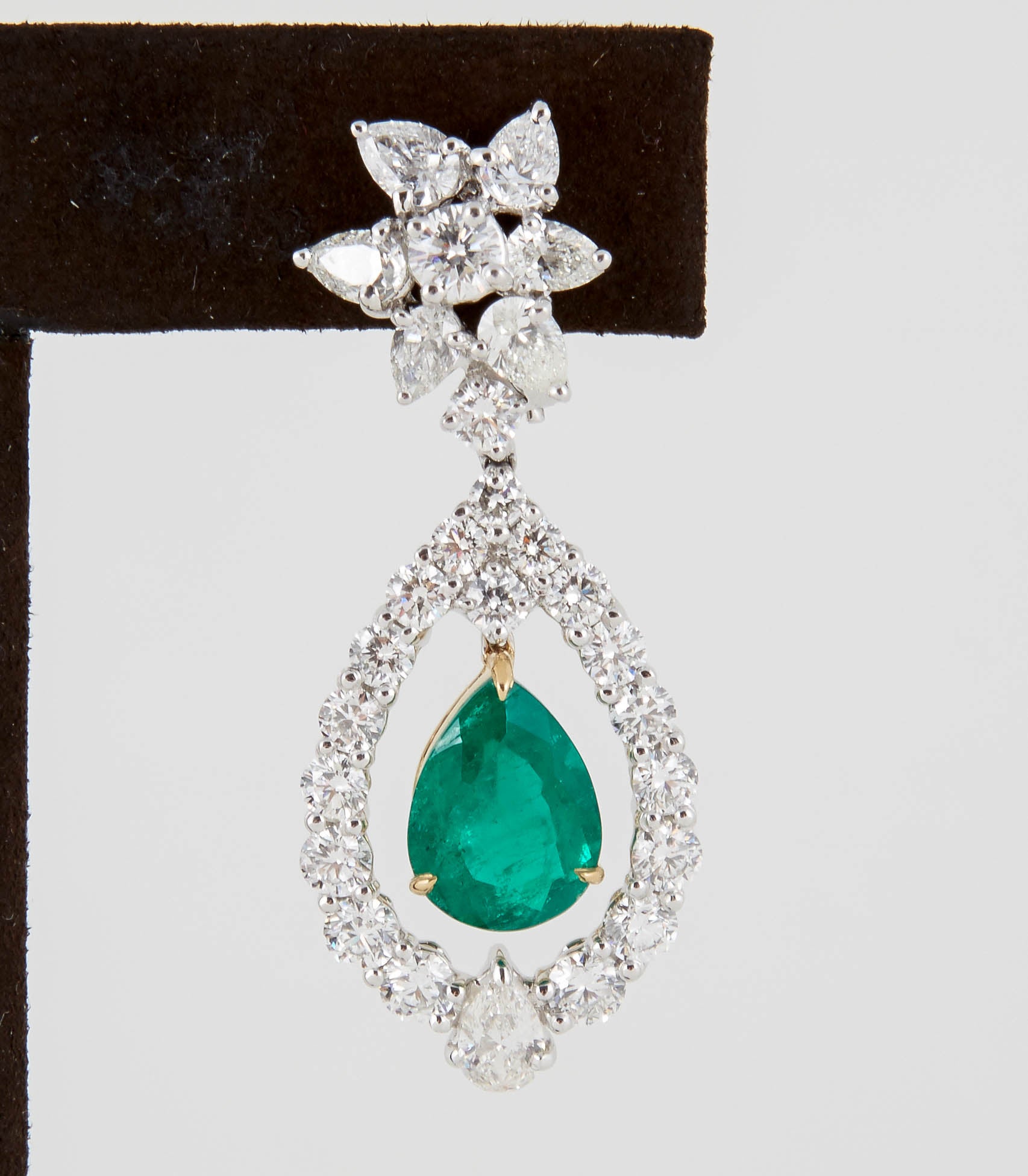 Pear Cut Classic Colombian Emerald Diamond Drop Earrings For Sale