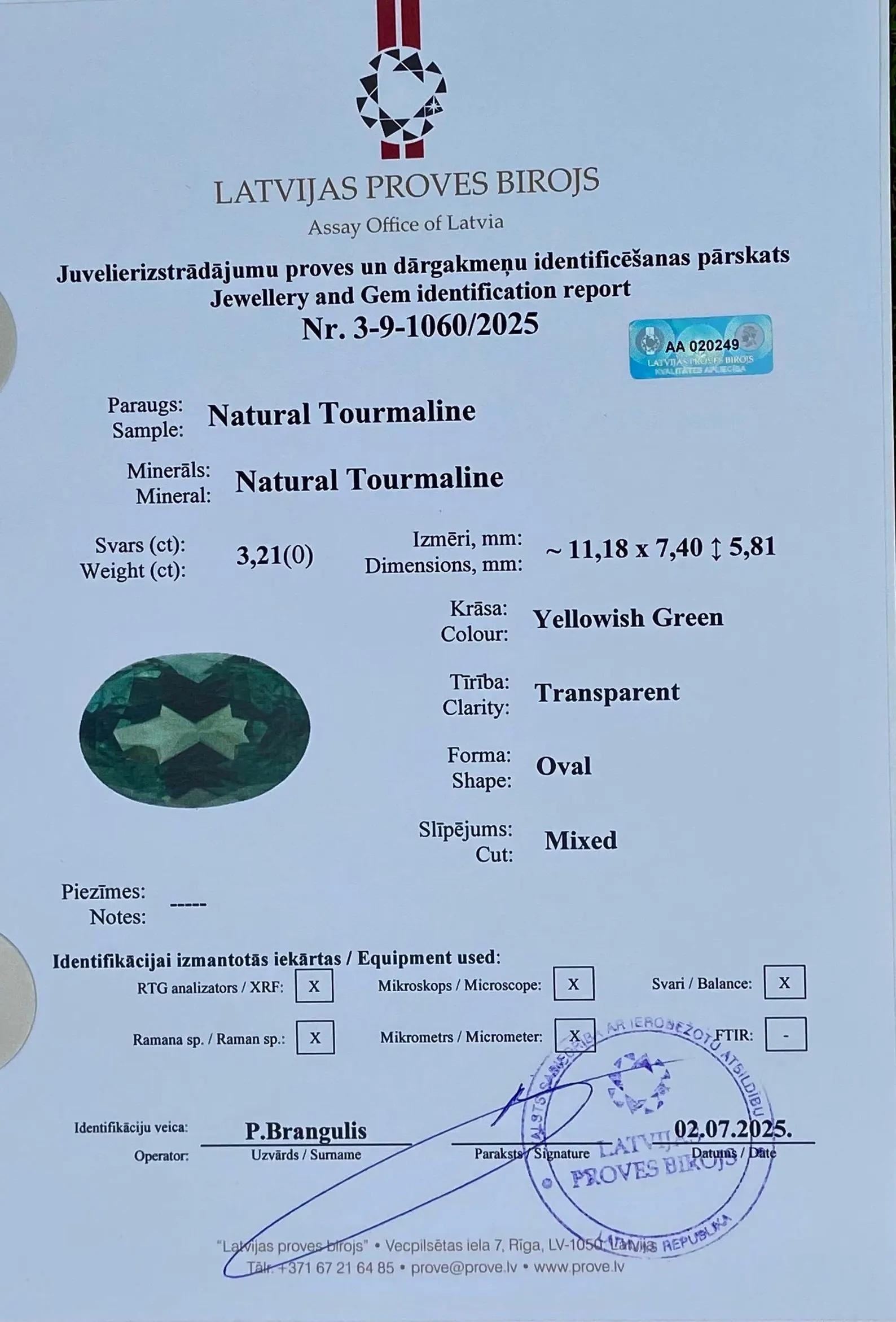 Tourmaline Naturelle 3.21 Ct. pierre précieuse en vrac, taille ovale, Nigeria , Certificat. en vente 2
