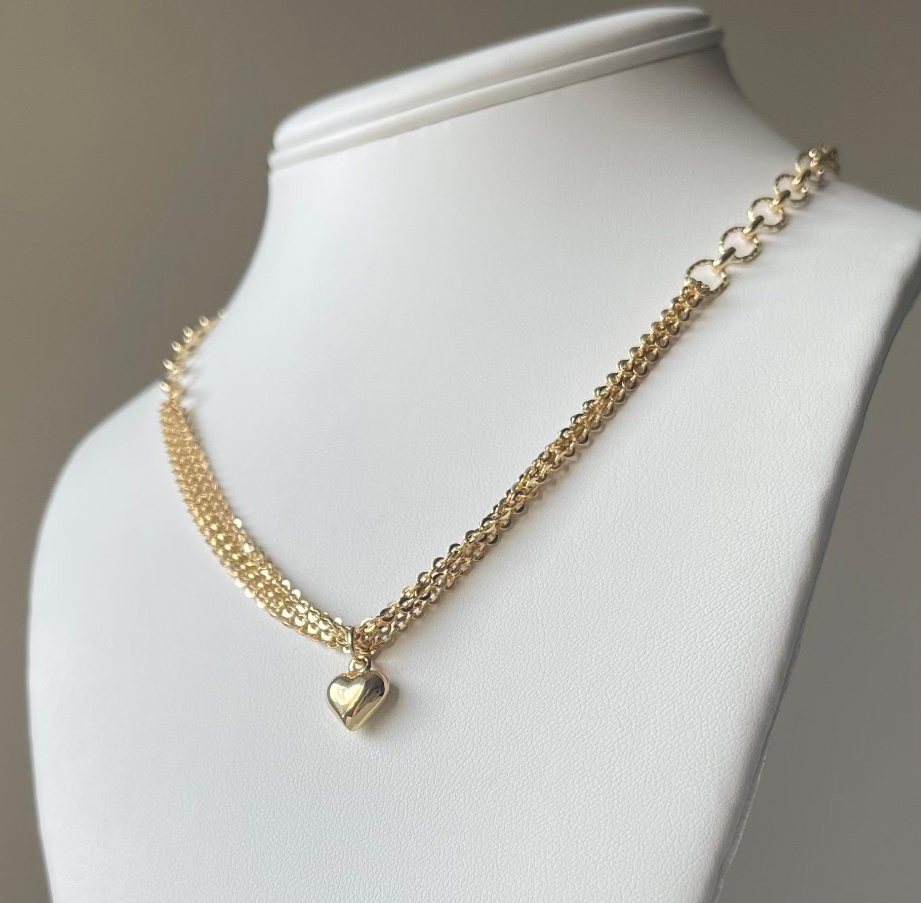 Women's or Men's 18K Yellow Gold Heart Pendant Double Chain Necklace, Handcrafted in Brazil For Sale