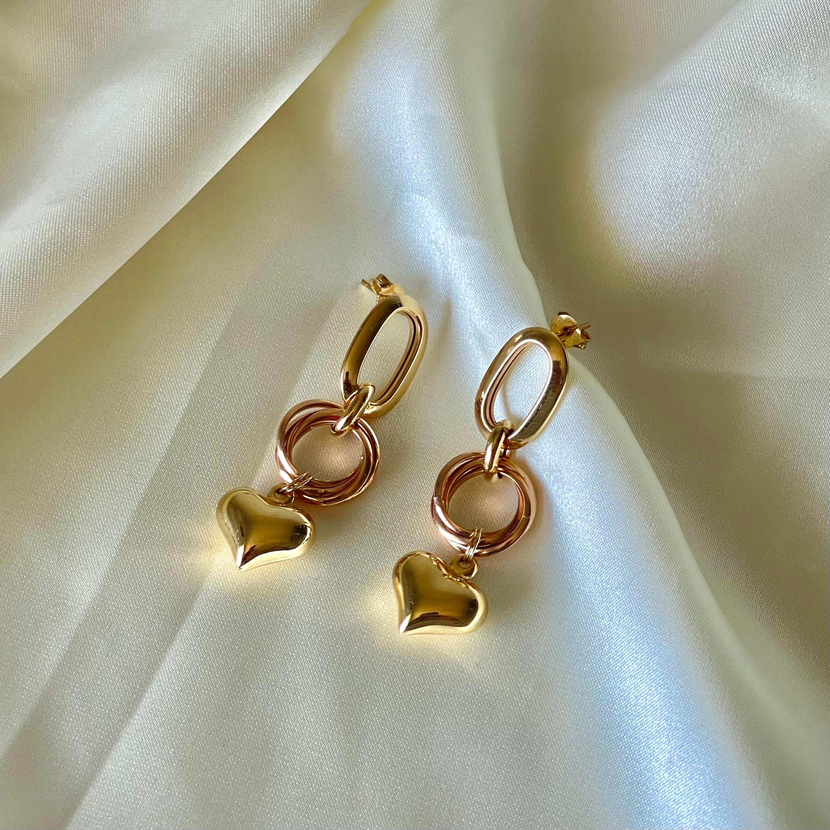 18K Yellow and Rose Gold Heart Charm Drop Earrings, Handcrafted in Brazil For Sale 2