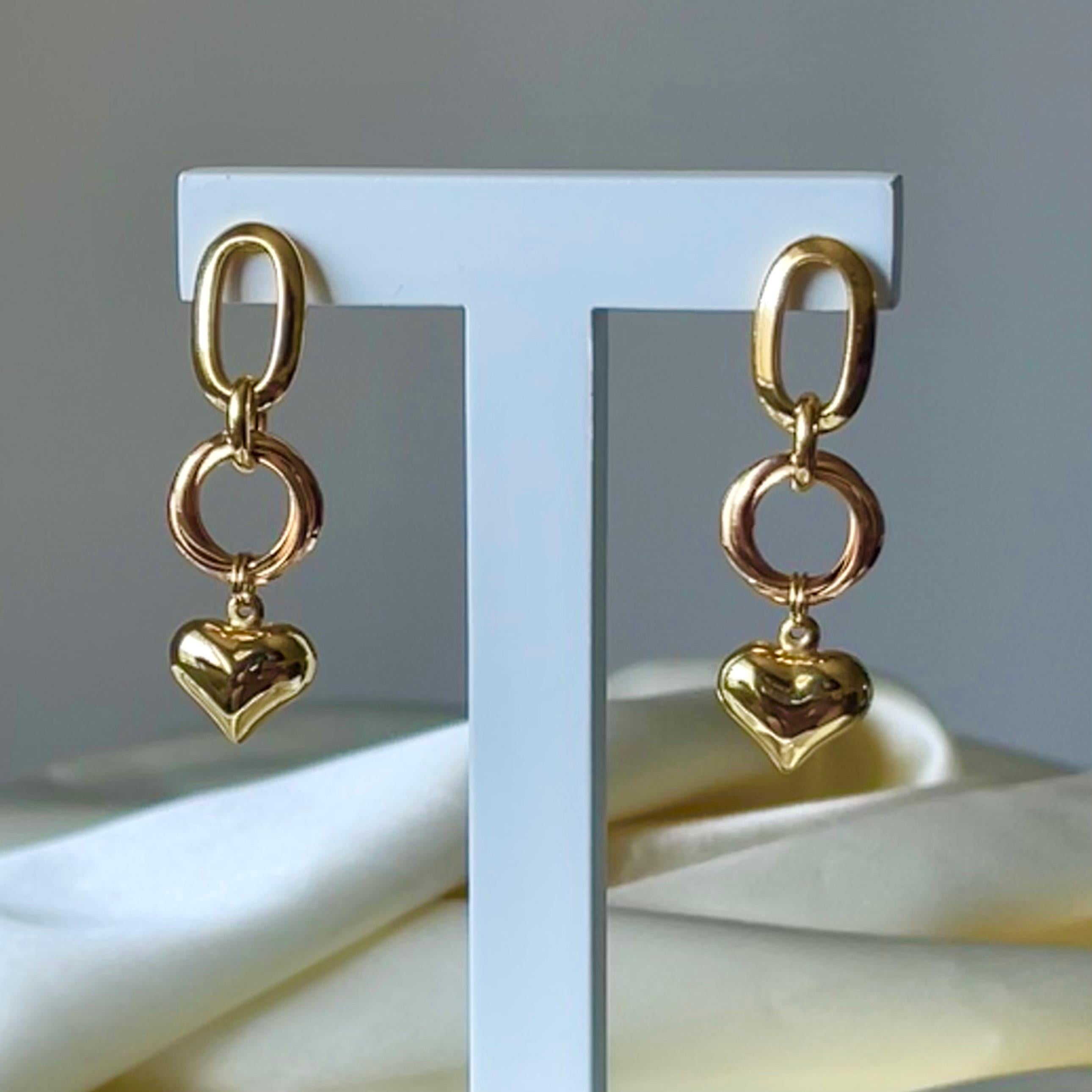 Modernist 18K Yellow and Rose Gold Heart Charm Drop Earrings, Handcrafted in Brazil For Sale