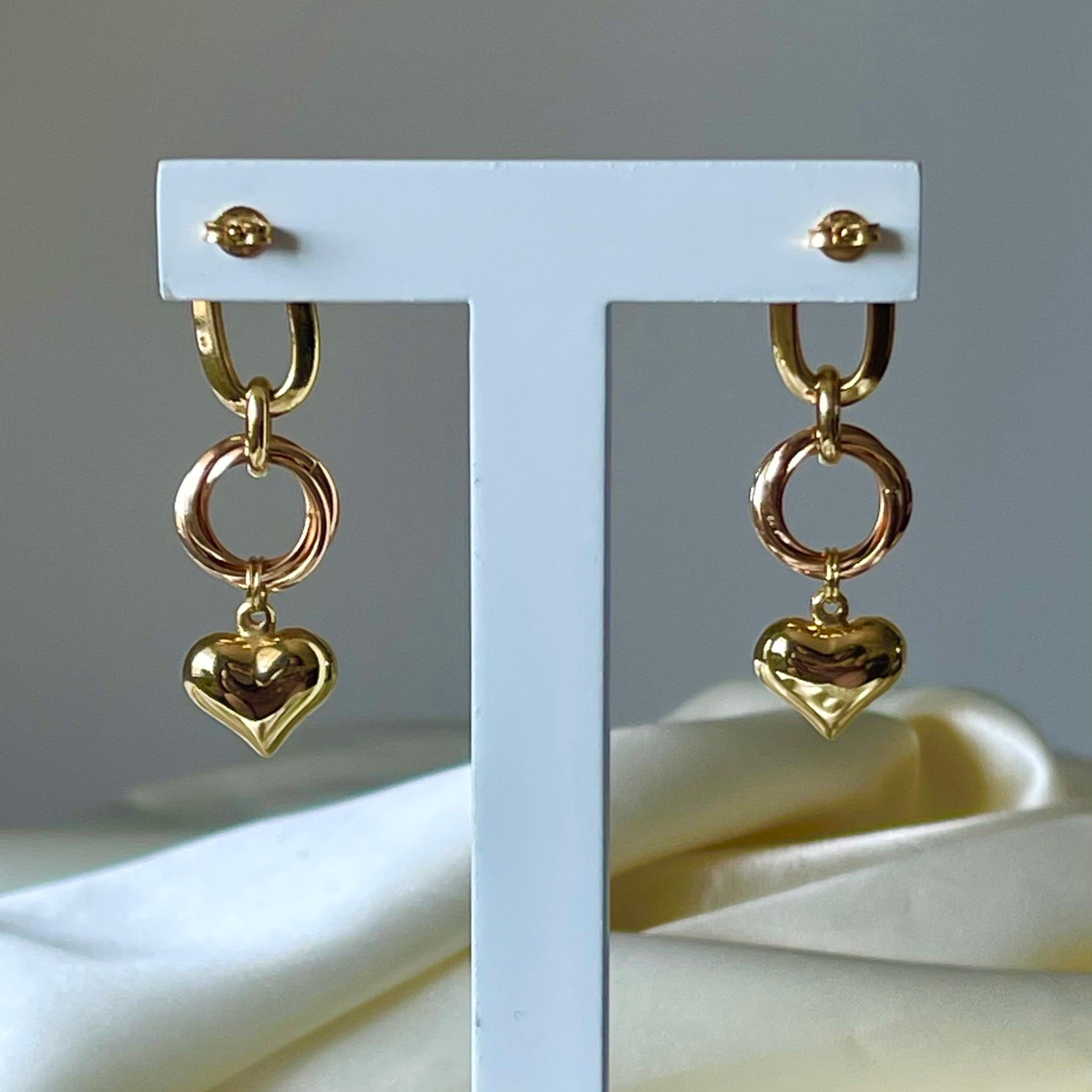 Women's or Men's 18K Yellow and Rose Gold Heart Charm Drop Earrings, Handcrafted in Brazil For Sale
