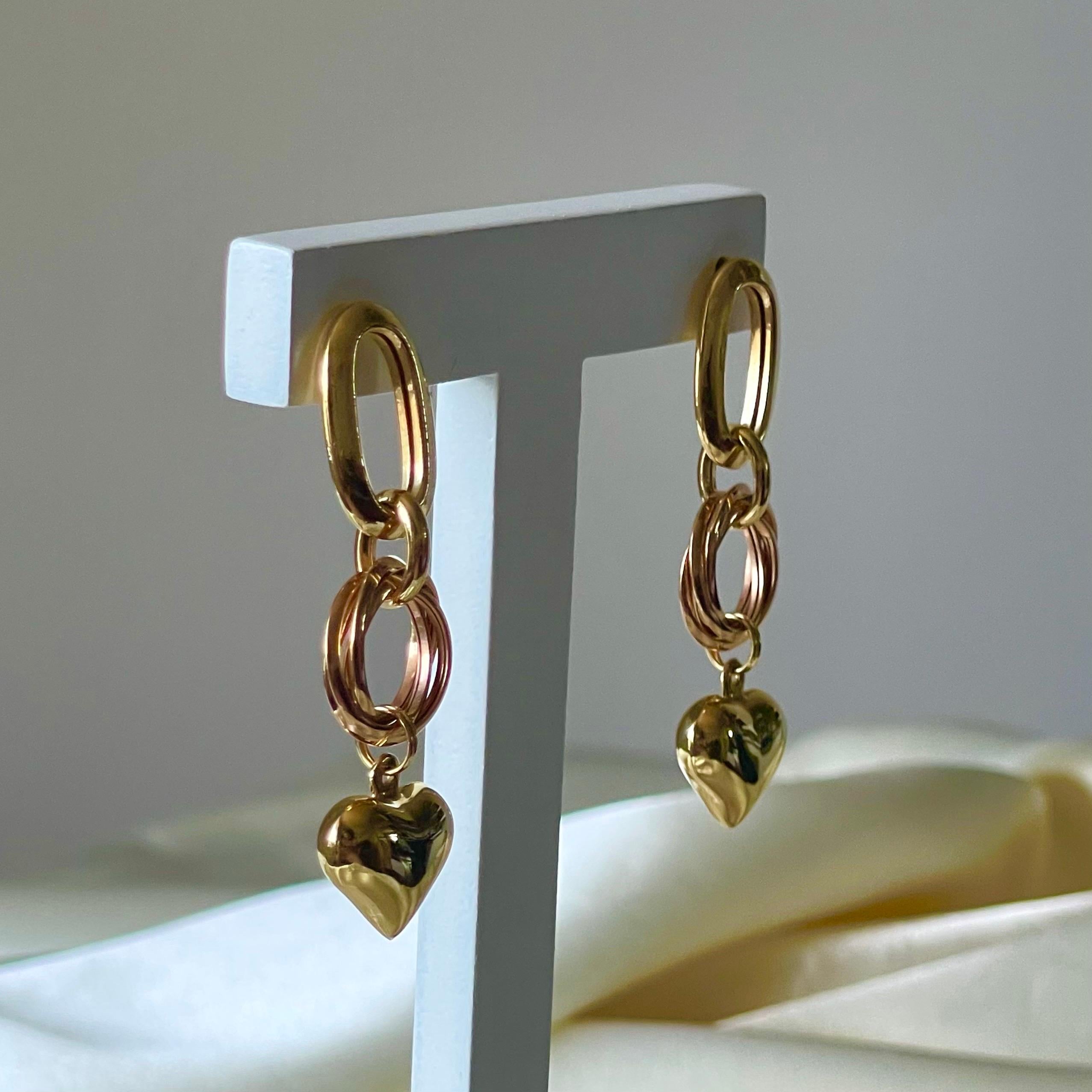 18K Yellow and Rose Gold Heart Charm Drop Earrings, Handcrafted in Brazil For Sale 1