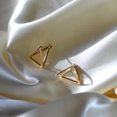 18K Yellow Gold Geometric 3D Pyramid Earrings with Diamond Accent