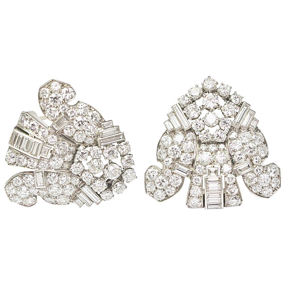 Art Deco Cartier Paris Pair Diamond Brooch Clips