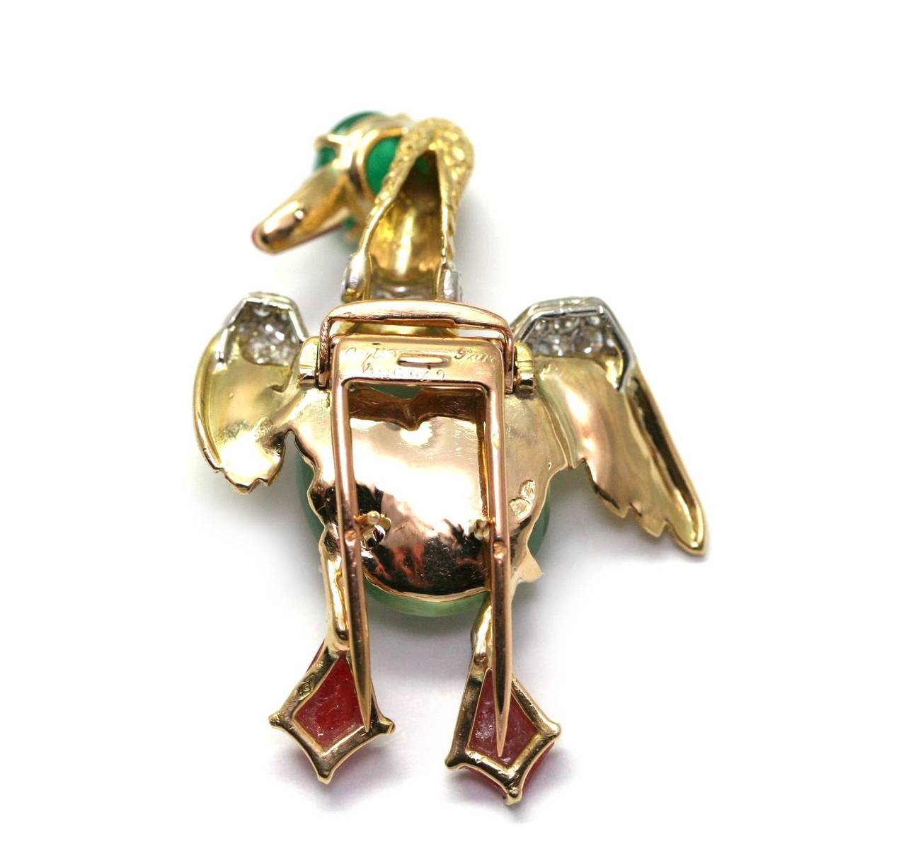 Cartier Coral Moonstone Emerald Diamond Gold Platinum Duck Pin In Excellent Condition In Monte Carlo, MC