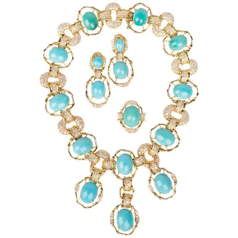 Magnificent 1974 Chaumet by Pierre Sterle Arcade Turquoise Gold Parure 