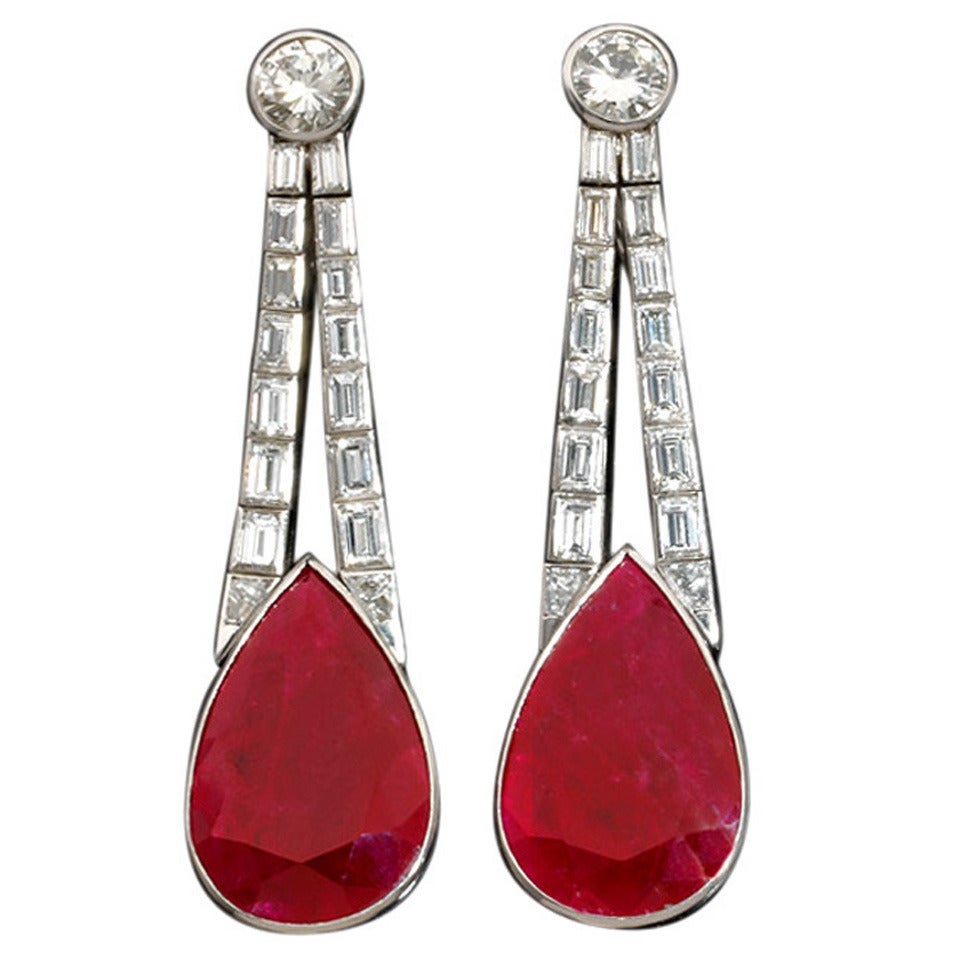 Ruby Diamond Platinum Drop Earrings