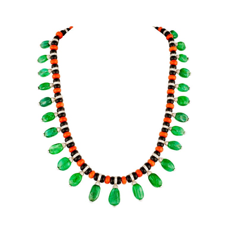 Art Deco Emerald Coral Onyx Diamond Necklace