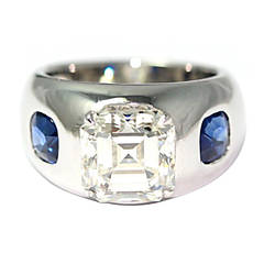 4.10 Carat Emerald Cut Diamond Sapphire Gold Ring 4
