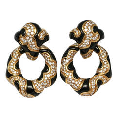 MARINA B. 'KEN' 1988 Onyx Diamond Gold Hoop Earrings