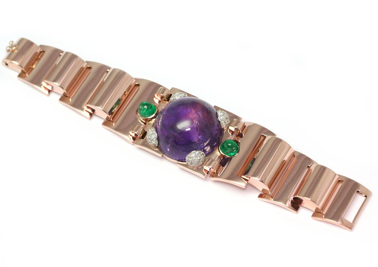Women's 1940s Retro Amethyst Emerald Diamond Rose Gold Bracelet