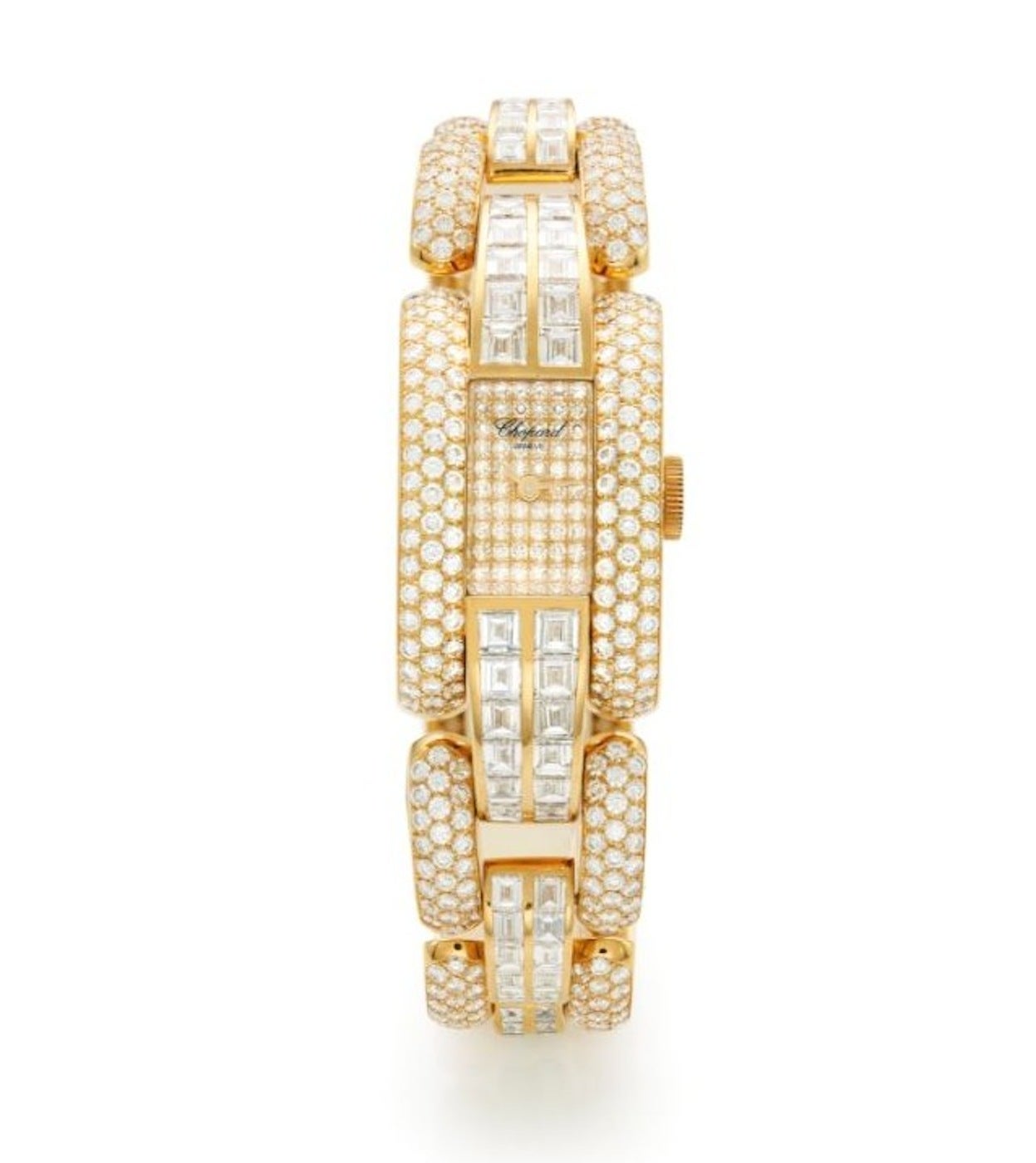 CHOPARD ‘STRADA’ circa 1995
Watch quartz movement, case and bracelet in yellow gold paved with round diamonds and two rows of baguette cut diamonds, case signed on the side, no. 475259, signed glass, ref 433 1, number 41 / 6562-20, dimensions 30 x