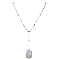 20.60 Carat Cabochon Opal Diamond Gold Platinum Drop Necklace
