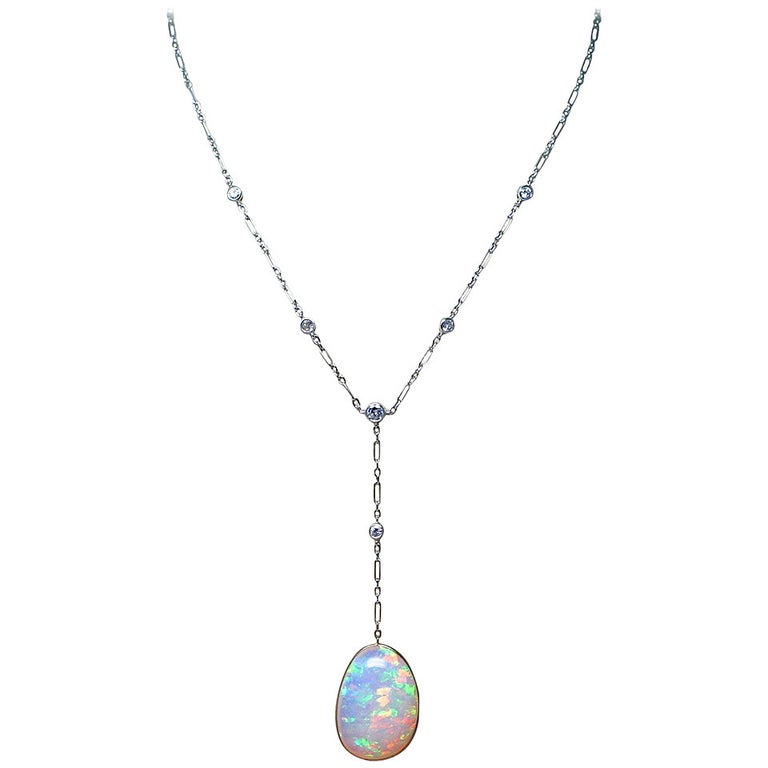 20.60 Carat Cabochon Opal Diamond Gold Platinum Drop Necklace at 1stDibs