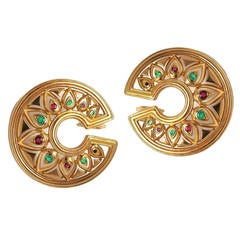 Cartier "Tandjore" Ruby Emerald Gold Sculpted Hoop Earrings