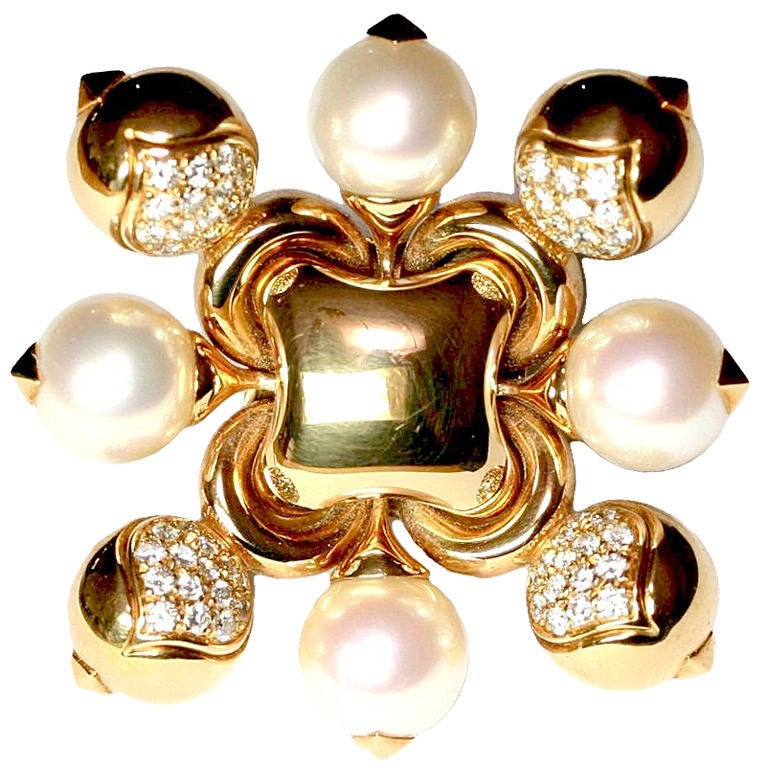 Bulgari Pearl Diamond Gold Brooch