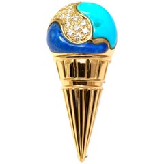 Retro Bulgari Turquoise Lapis Lazuli Diamond Gold Ice Cream Cone Brooch 1986 