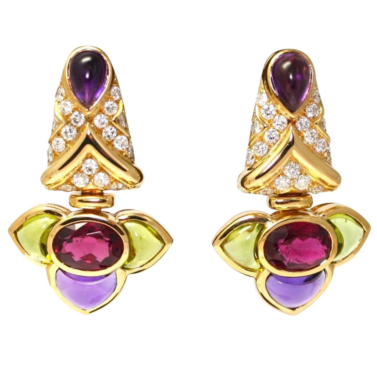 Bulgari Cabochon Tourmaline Amethyst Peridot Diamond Gold Drop Earrings